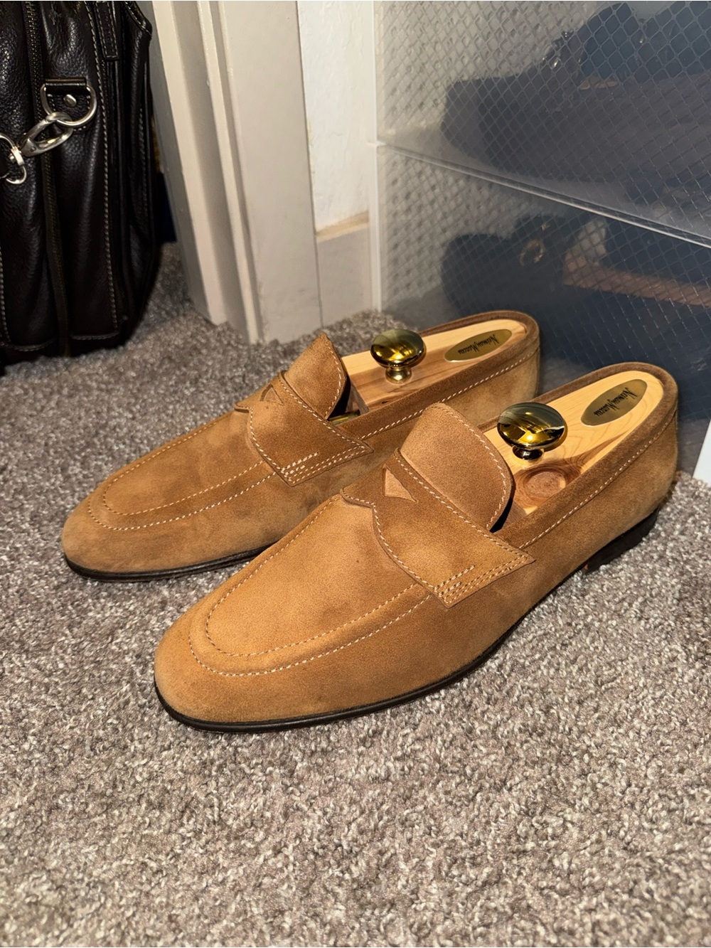 Santoni Suede Penny Loafers in Light Brown